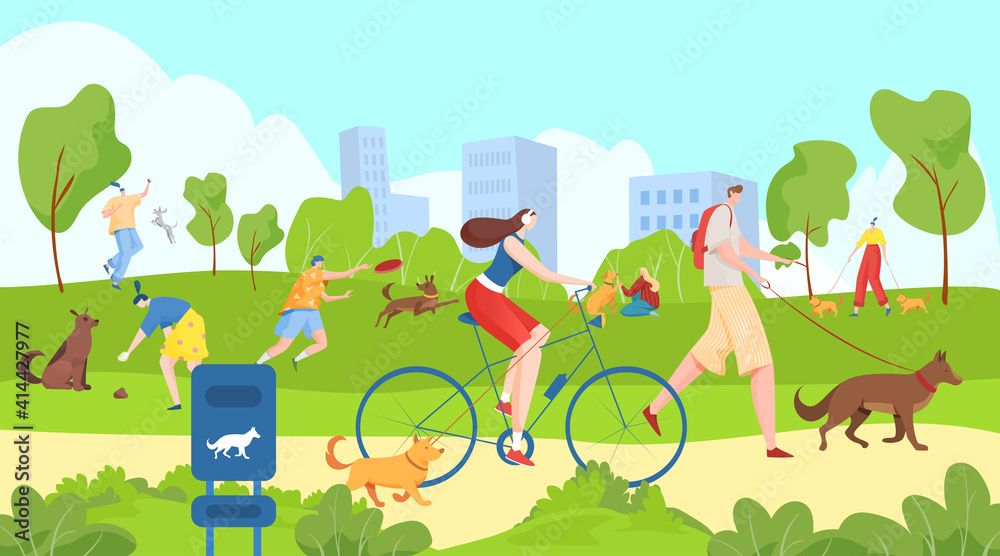 People walk with pets in city park, happy summer outdoors, useful leisure, healthy lifestyle, cartoon style vector illustration. Men and women playing with animals on green lawn, dog walking area,