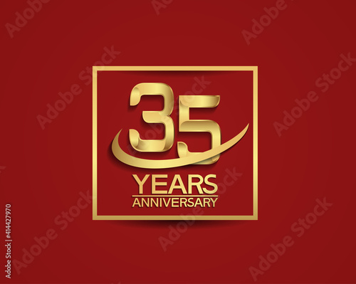35 years anniversary with square and swoosh golden color isolated on red background can be use for special celebration moment © VECTORKURO