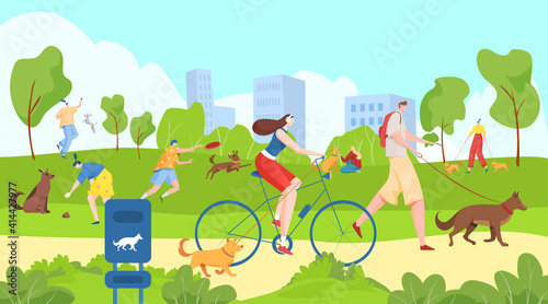 People walk with pets in city park  happy summer outdoors  useful leisure  healthy lifestyle  cartoon style vector illustration. Men and women playing with animals on green lawn  dog walking area 