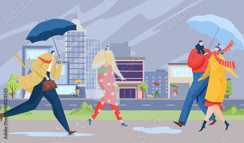 Rain in city, people walk with umbrellas, urban life concept, town street, walking outdoors, cartoon style vector illustration. Autumn weather, men and women in hurry running down street, rainy season