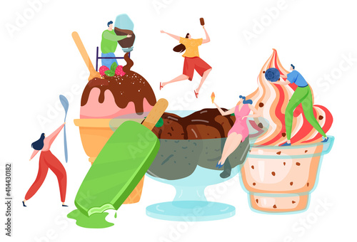 Tiny people decorate ice cream, dessert time, delicious sweet food, hot summer, woman cook, cartoon style vector illustration. Frozen juice, soft cr me brulee, joyful men and women working in cafe.