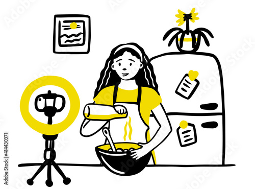Cooking video blog, food blogger tells how to cook a dish. Woman chef teaches cooking a new recipe. Female vlogger character on modern kitchen. Trendy style Vector illustration doodle