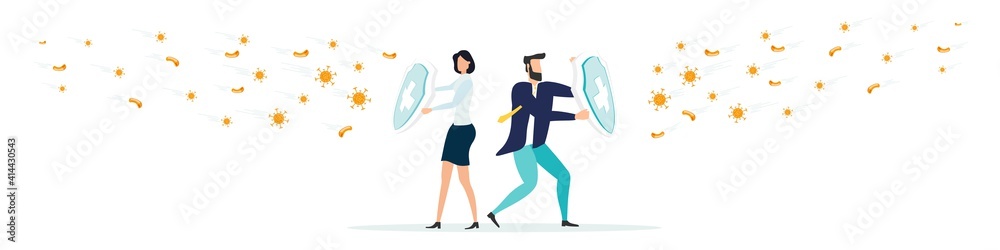 COVID-19 Coronavirus protection. Prevent quarantine. Prevent business risks. Concept. Businessmans and business woman hold a knight's shield to protect against the virus. Vector.