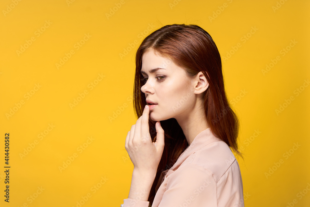 pretty woman glamor posing luxury yellow background pretty woman glamor posing luxury yellow background