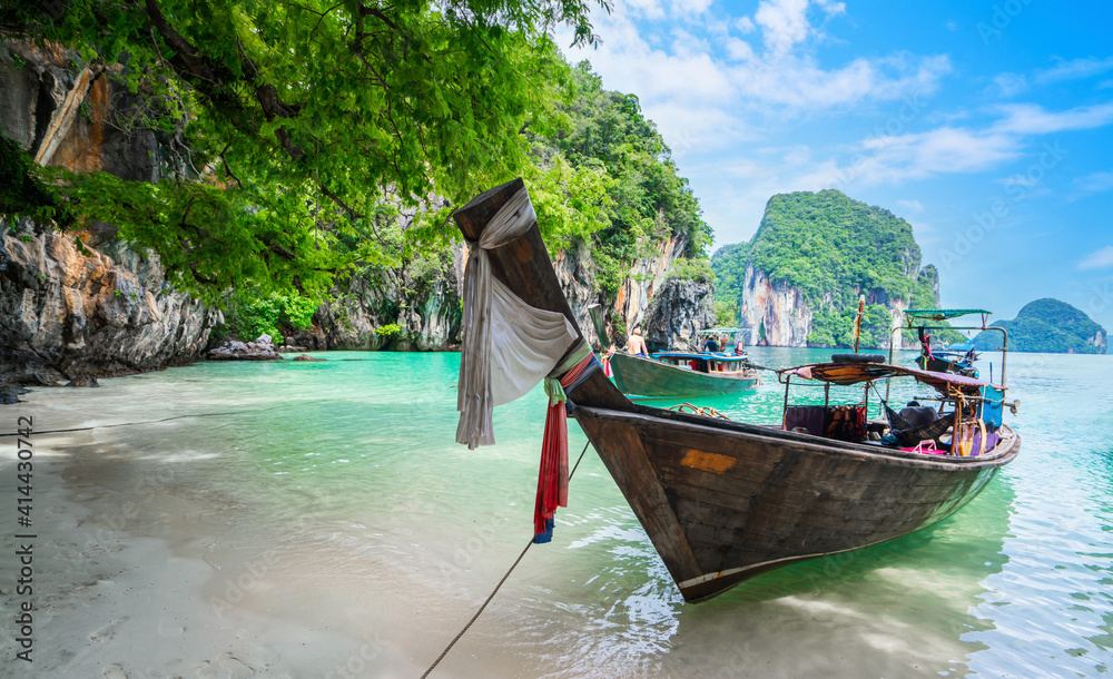 Long Tail Boats at Lading Island or Paradise Island in Krabi, Thailand.