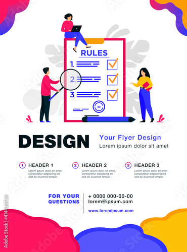 Business people studying list of rules, reading guidance, making checklist. Vector illustration for company order, restrictions, law, regulations concept