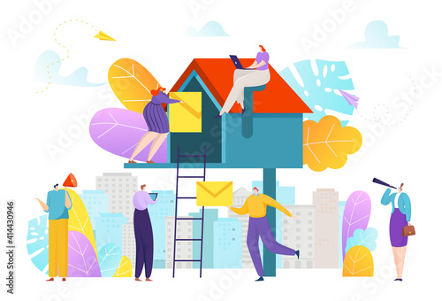 Tiny people, classic mailbox, letter delivery concept, business service, message transfer, design flat style vector illustration. Joyful men and women doing postman job, letter in paper envelope.