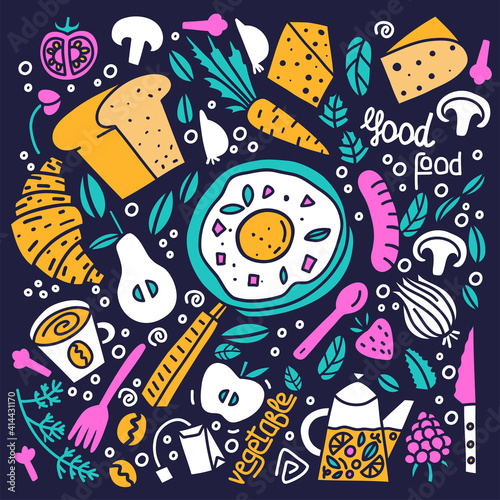 colorful food isolated on dark background doodle style drawing 