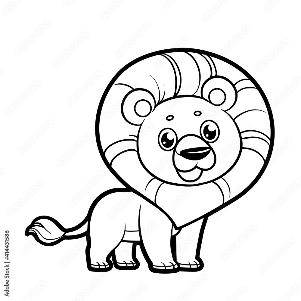 Fototapeta premium Cute cartoon smiling lion outlined for coloring on a white background