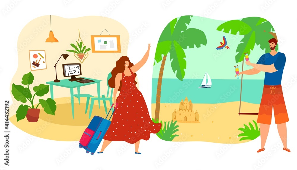 Girl goes from work to rest summer vacation concept, travel tour, happy trip, man on beach, cartoon style vector illustration. Beautiful woman designer comes out with suitcase from office, seashore.