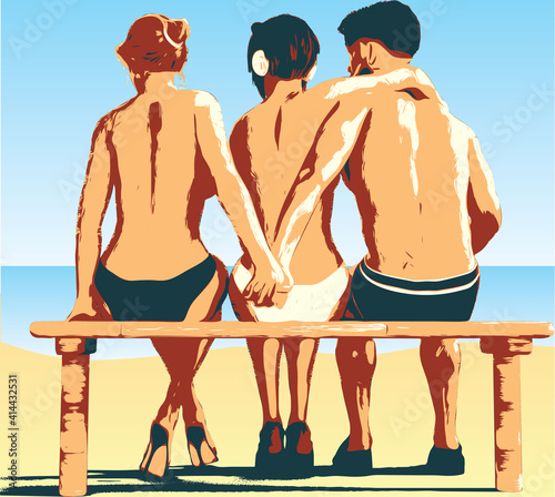 Relationship: love, friendship and treason, betrayal concept. Two girls and a guy in the summer by the sea