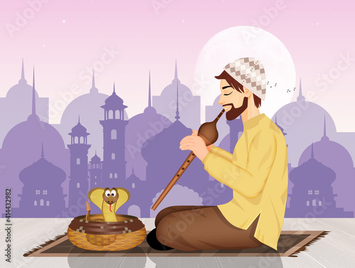 Bild auf Leinwand illustration of snake charmer man