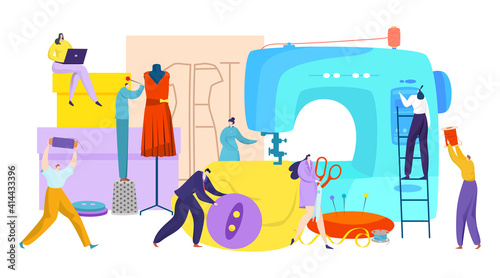 Tiny people with sewing accessories, dressmaker business, tailoring workshop, creative person cartoon style vector illustration. Joyful men and women doing home craft seamstress, professional tailor.