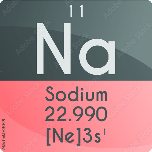 Na Sodium Alkali metal Chemical Element Periodic Table. Square vector illustration, colorful clean style Icon with molar mass, electron config. and atomic number for Lab, science or chemistry class