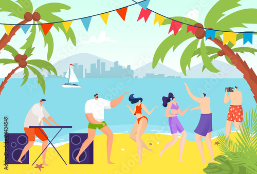Youth party, people dancing on beach, cheerful young people, cool holiday, modern dance, design cartoon style vector illustration. fun outdoors, men and women, active fresh music, interesting leisure. © Vectorwonderland