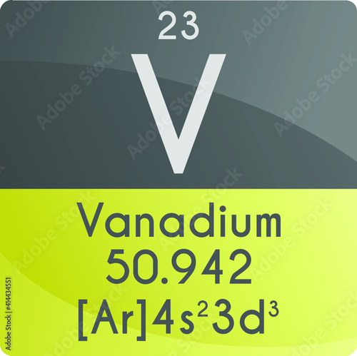 V Vanadium Transition metal Chemical Element Periodic Table. Square vector illustration, colorful clean style Icon with molar mass, electron config. and atomic number for Lab, science or chemistry