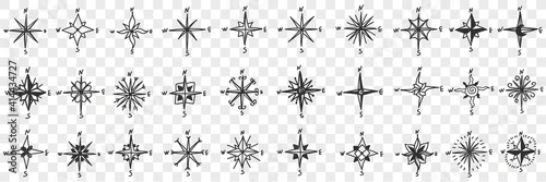 Cardinal points on compass doodle set. Collection of hand drawn patterns of north south west and east showing cardinal points for orienteering with compass isolated on transparent background photo