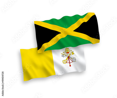 National vector fabric wave flags of Jamaica and Vatican isolated on white background. 1 to 2 proportion.