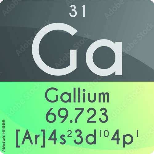 Ga Gallium Post transition metal Chemical Element Periodic Table. Square vector illustration, colorful clean style Icon with molar mass, electron config. and atomic number for Lab, science class