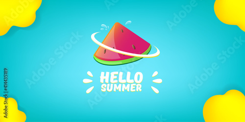Vector Hello Summer Beach Party horizontal banner Design template with fresh watermelon slice isolated on azure background. Hello summer concept label or poster with fruit and typographic text.