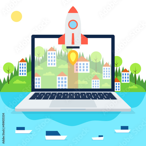 Startup project concept. Rocket launch. Town, mountains, forest, lake and ships on background. Day mode. Vector. © Art Alex