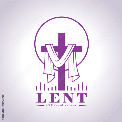 lent, 40 days of renewal with purple lent cross crucifix and circle border line sign vector Design