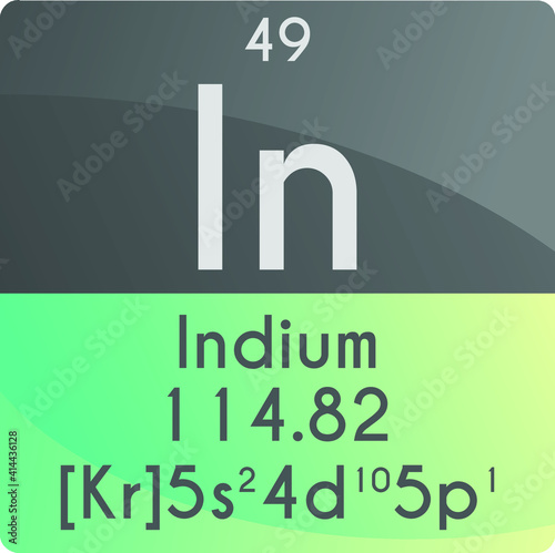 In Indium Post transition metal Chemical Element Periodic Table. Square vector illustration, colorful clean style Icon with molar mass, electron config. and atomic number for Lab, science or chemistry