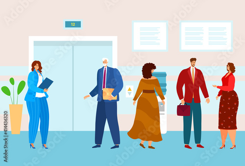 Business people in office waiting elevator, end working day, elderly businessman, design cartoon style vector illustration. Staff women and men on twelfth floor, multi-storey building, cozy hall.