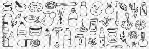 Beauty treatments and cosmetics doodle set. Collection of hand drawn massage oils scrubs masks brush creams towel candles perfume cosmetics for skin and body care isolated on transparent background