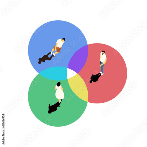 Three circles with different people overlaps with each other as symbol of consensus of opinions