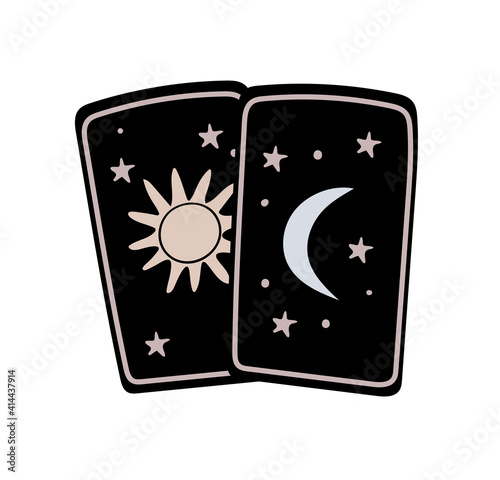 Simple doodle of a tarot card with sun and moon, boho tattoo, symbol of fortune-telling and prediction, icon for witch. Vector illustration isolated on white background