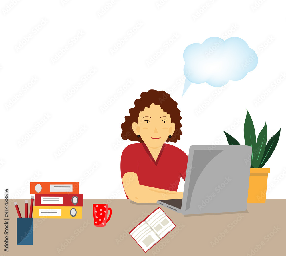 woman sitting at the table with laptop, teacher at online lesson, online conference, online education, work at home, vector, flat illustration woman sitting at the table with laptop, teacher at online lesson, online conference, online education, work at home, vector, flat illustration