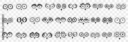 Birds eyes and beak doodle set. Collection of hand drawn cute funny round eyes and beaks of various birds in sketch manner isolated on transparent background