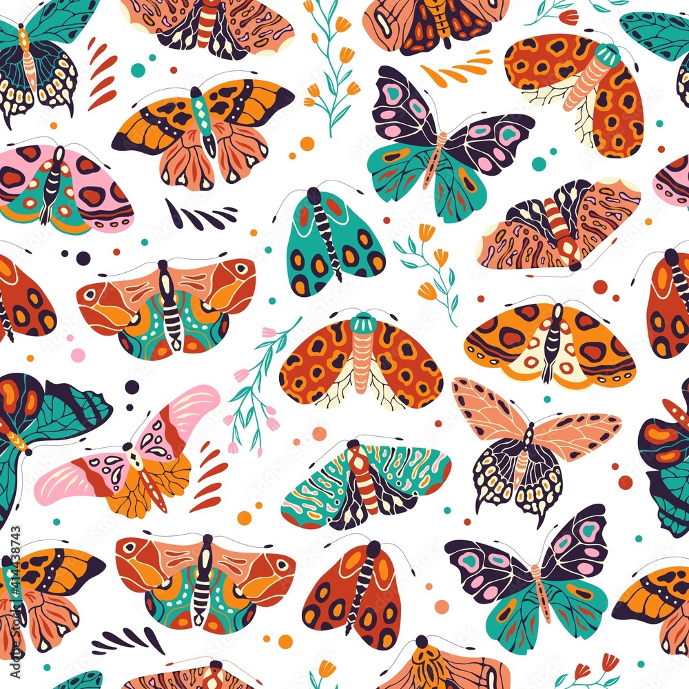 Seamless pattern with colorful hand drawn butterflies and moths on ...