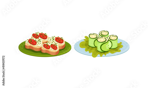 Finger Foods with Canape and Wrapped in Cucumber Slice Savory Filling as Small Portion of Food Vector Set