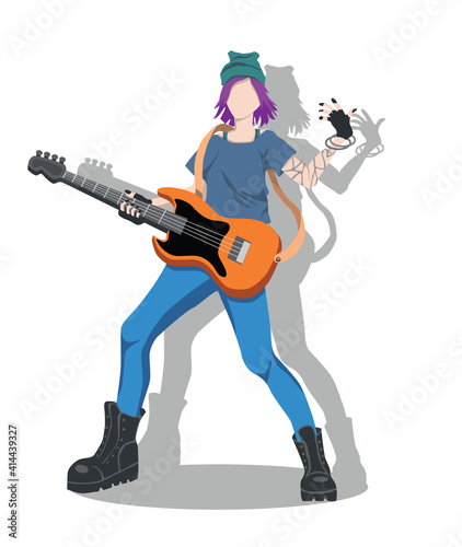 Girl plays the electric guitar. Vector illustration in flat style