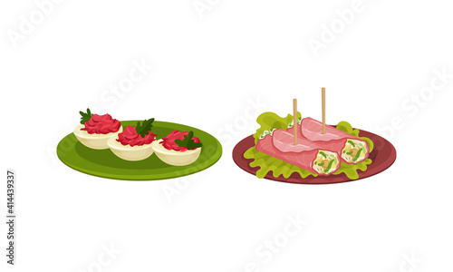 Finger Foods with Stuffed Eggs and Creamy Stuffing Wrapped in Ham Slice as Small Portion of Food Vector Set