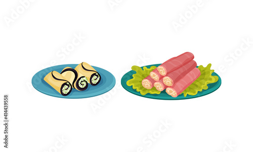 Finger Foods with Ham and Eggplant Wraps Stuffed with Creamy Condiment as Small Portion of Food Vector Set