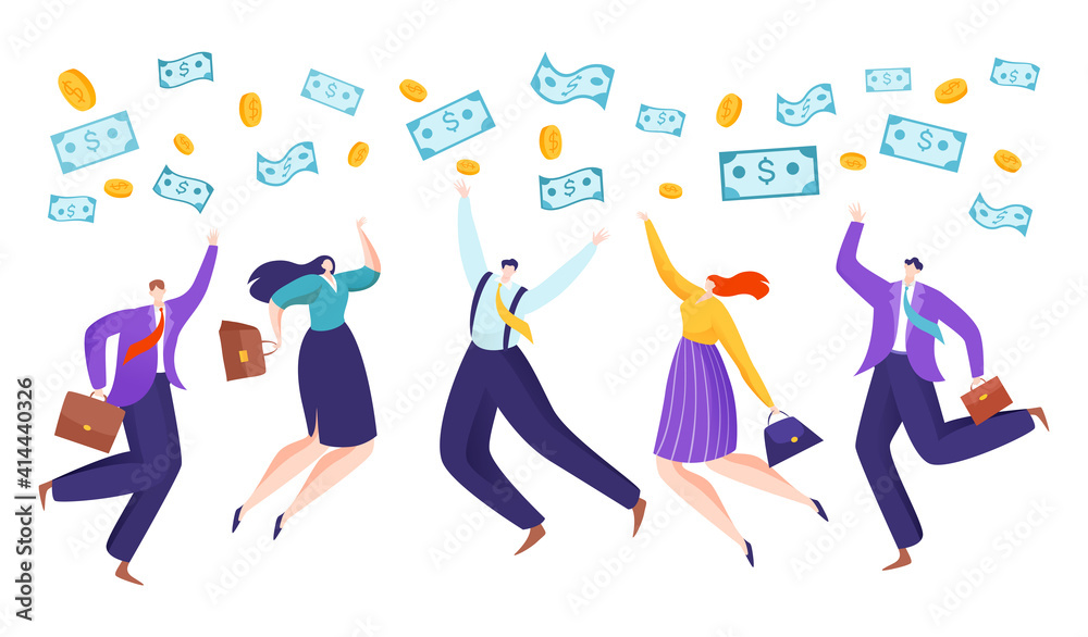 Fototapeta premium Successful business, happy people with cash, financial success, profitable business concept, cartoon style vector illustration. Happy lucky men and women, rich livelihood, rain money, great wealth.