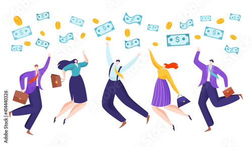 Successful business, happy people with cash, financial success, profitable business concept, cartoon style vector illustration. Happy lucky men and women, rich livelihood, rain money, great wealth.