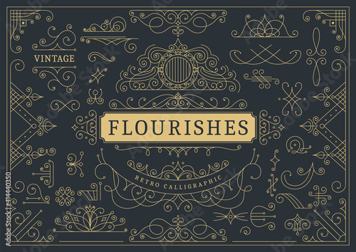Flourishes calligraphic vintage ornamental background. Golden ornate page with swirls and vignettes elements. Frame design template. Vector restaurant menu or royalty certificate