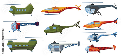 Helicopter cartoon aviation set. Avia transportation with propeller isolated on white. Vector copter aircraft rotor plane cargo. Civil and army military transport helicopters collection