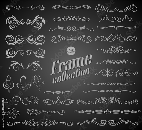 Calligraphic design elements on chalkboard background. Elegant collection of hand drawn swirls for your design. Page decorations. Swirl, scroll and flourishes dividers. Set of text delimiters