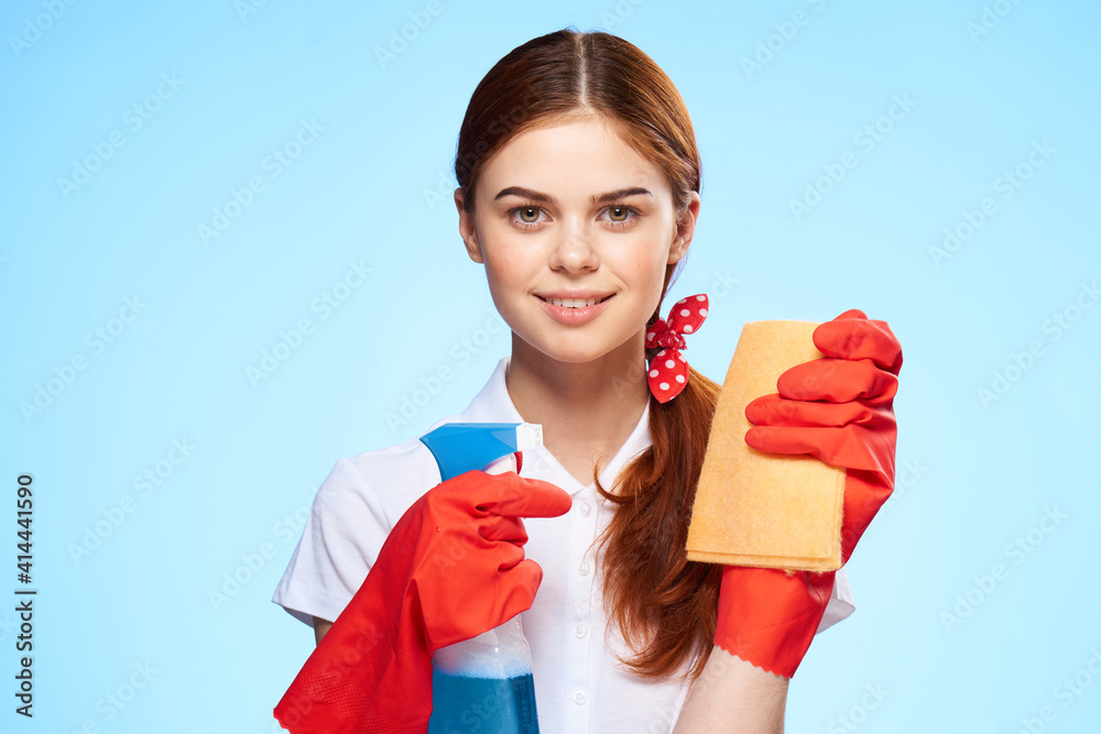 cheerful cleaning lady cleaning supplies home care service blue background cheerful cleaning lady cleaning supplies home care service blue background