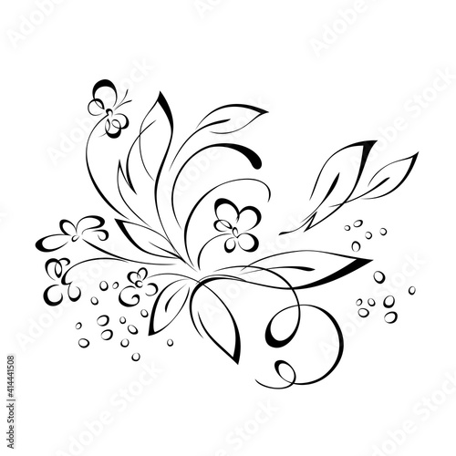 decorative element with blooming flowers on stems with leaves and curls in black lines on a white background