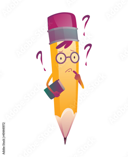 Pencil cartoon. Cute humanized pencil character with arms and face emoji illustration with book