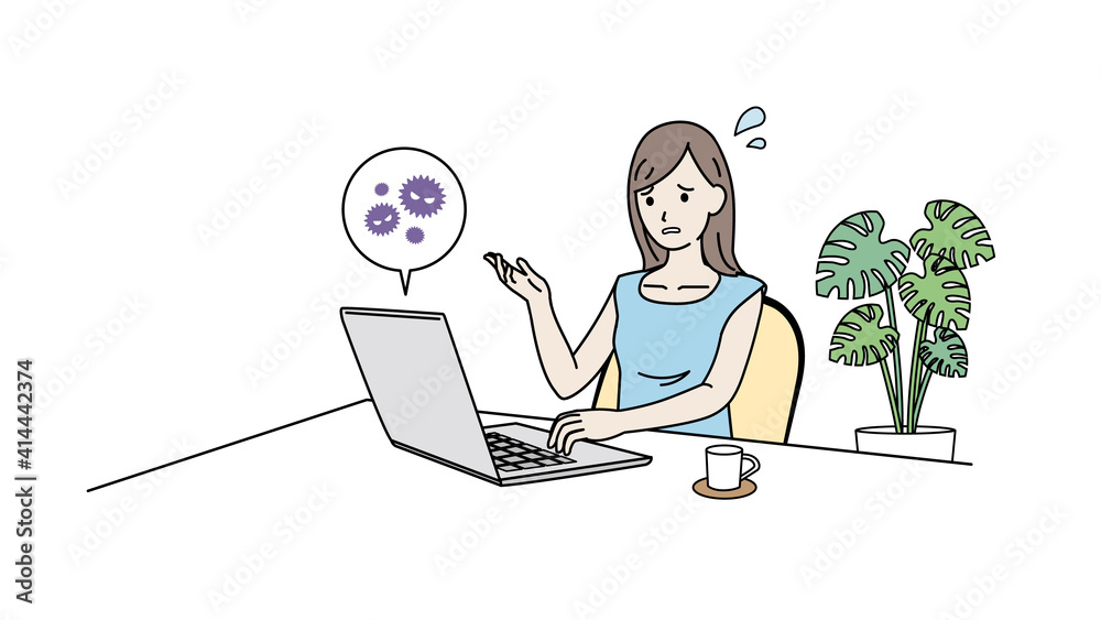 パソコンを使う女性 コンピュータウイルス 困る イラスト素材 パソコンを使う女性 コンピュータウイルス 困る イラスト素材