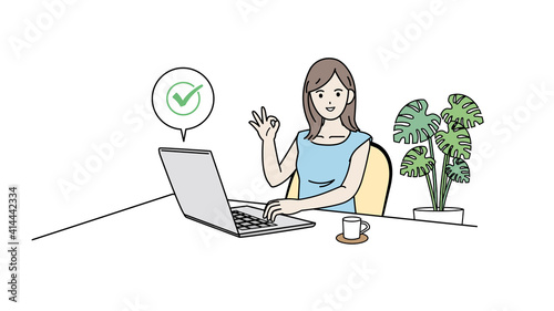 パソコン　ウイルスチェック　セキュリティーチェック　女性　イラスト素材