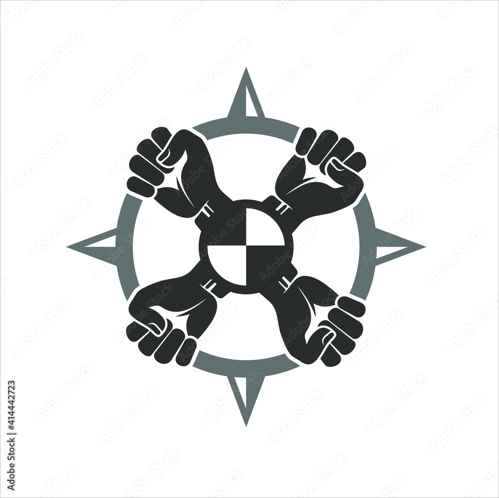 illustration of four hands holding compass. illustration of four hands holding compass.