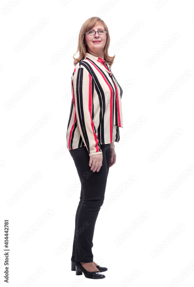 side view. smiling casual woman reading an ad side view. smiling casual woman reading an ad
